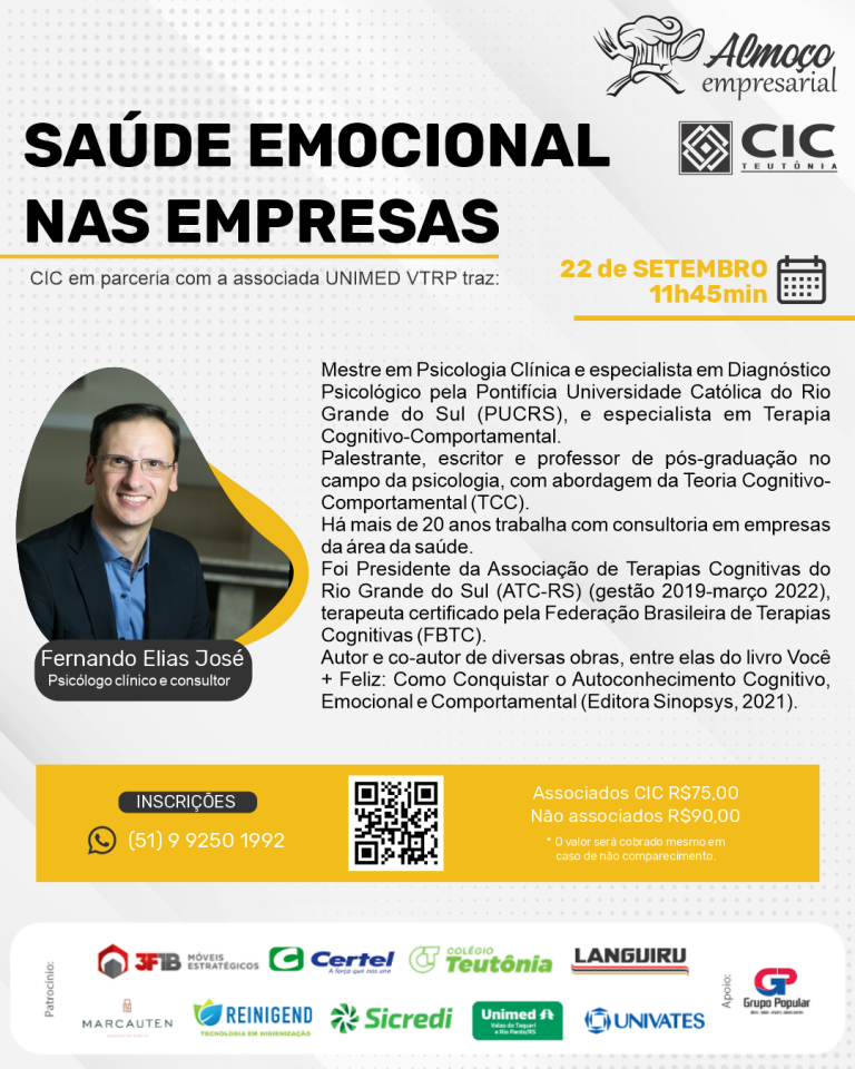 Saúde emocional nas empresas é tema de Almoço Empresarial da CIC Teutônia
