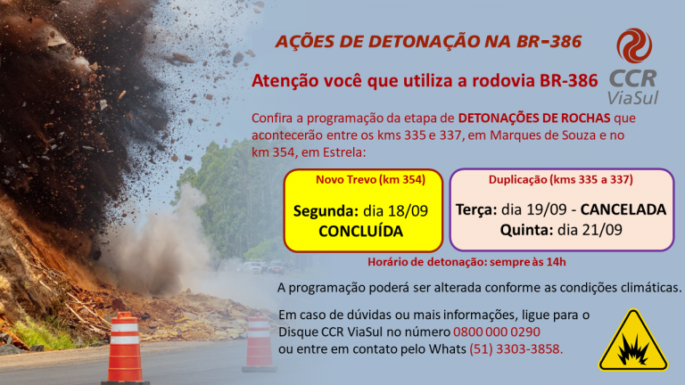 Detonação prevista na BR-386 para esta terça está cancelada