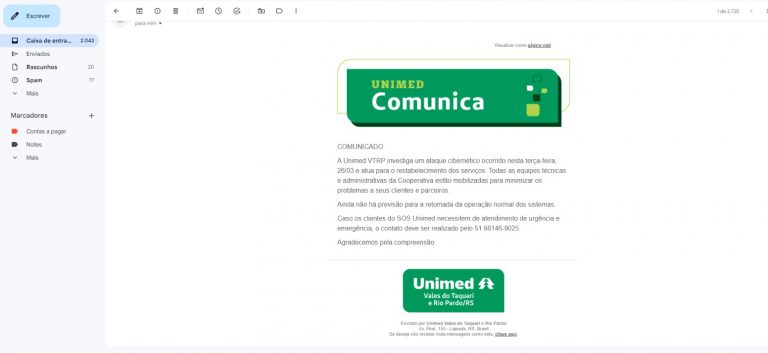 Unimed VTRP investiga ataque cibernético